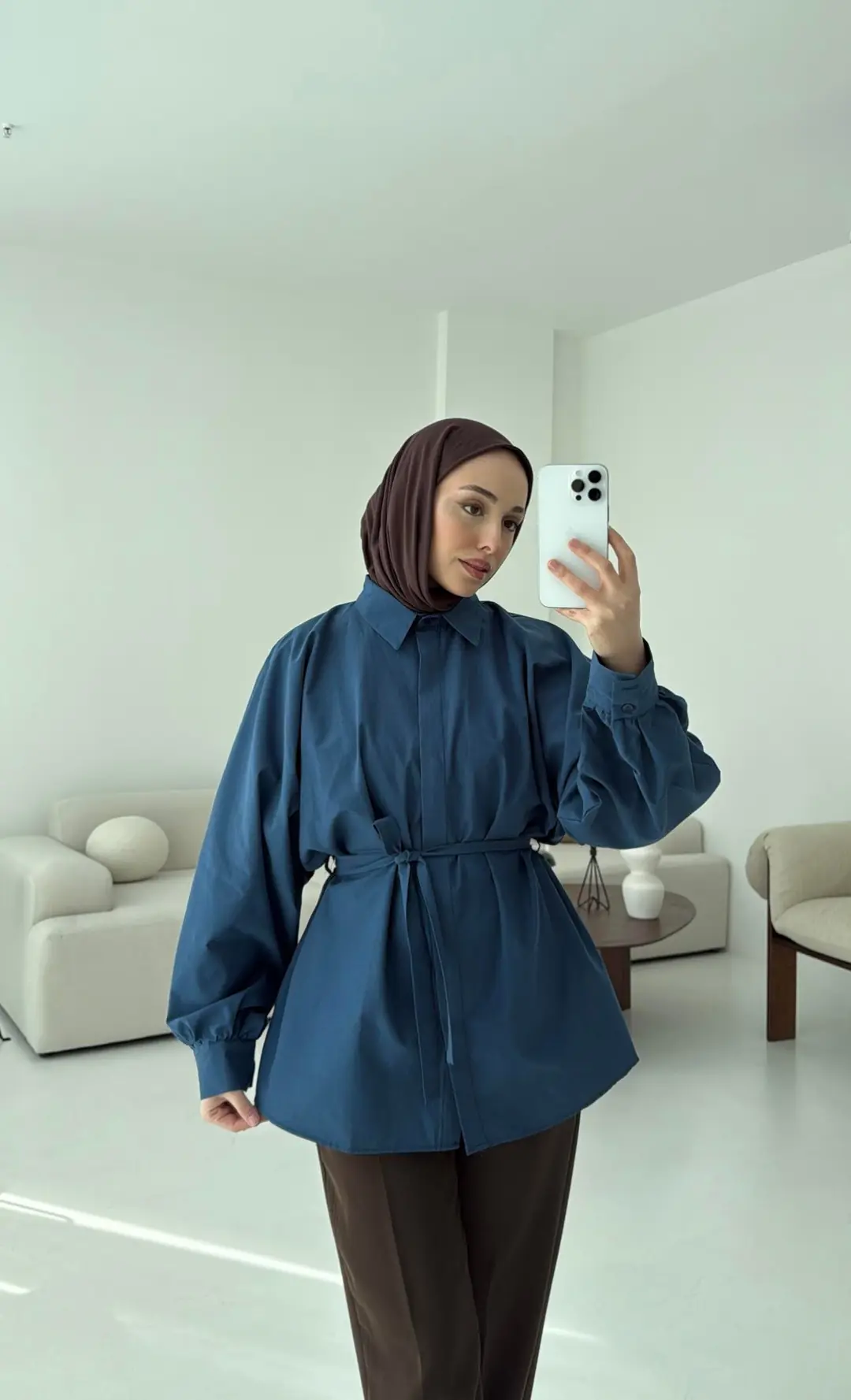 İndigo Balon Kol Bağlamalı Gömlek - Görsel 7