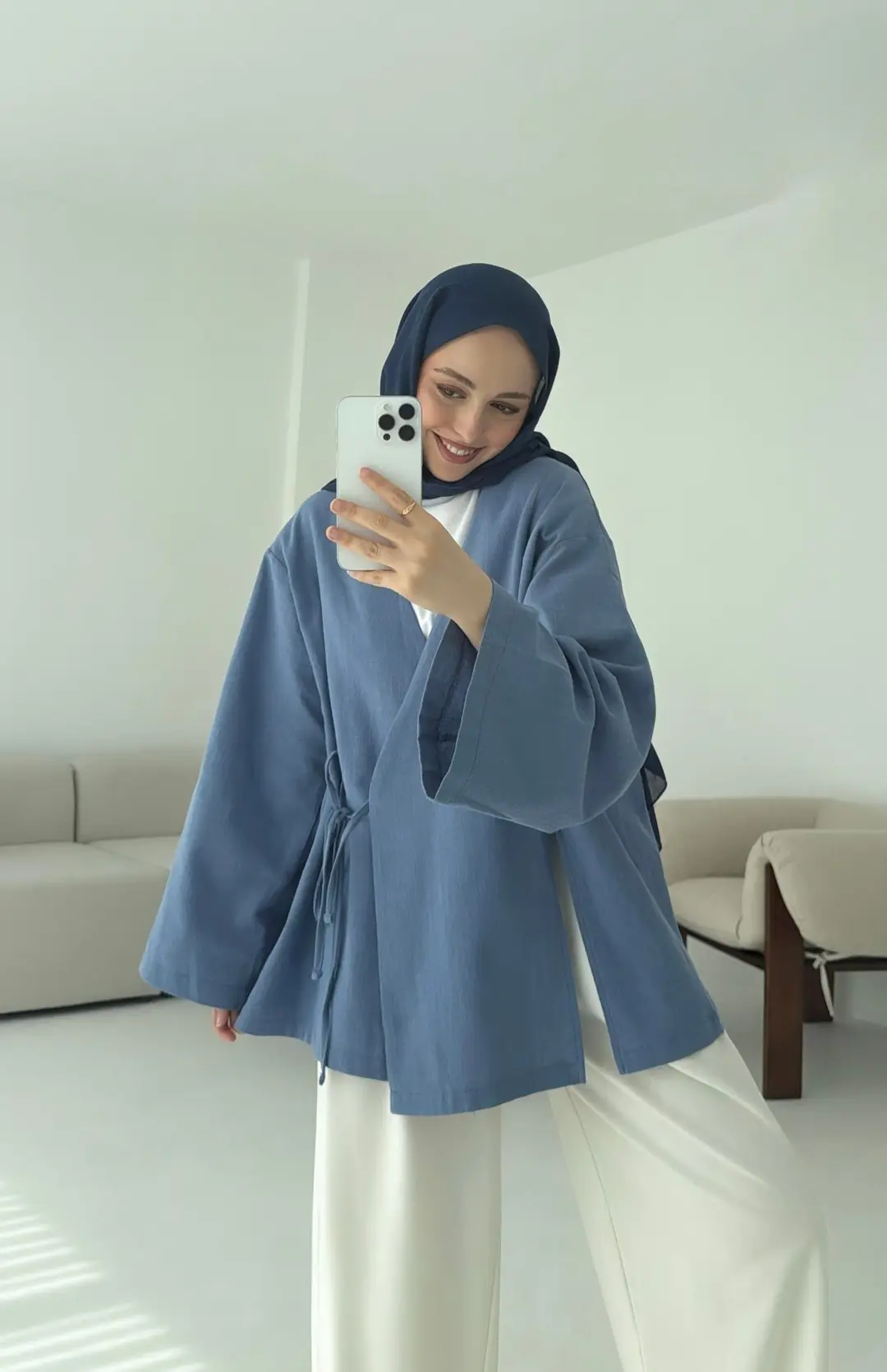 İndigo Yırtmaç Detay Keten Kimono