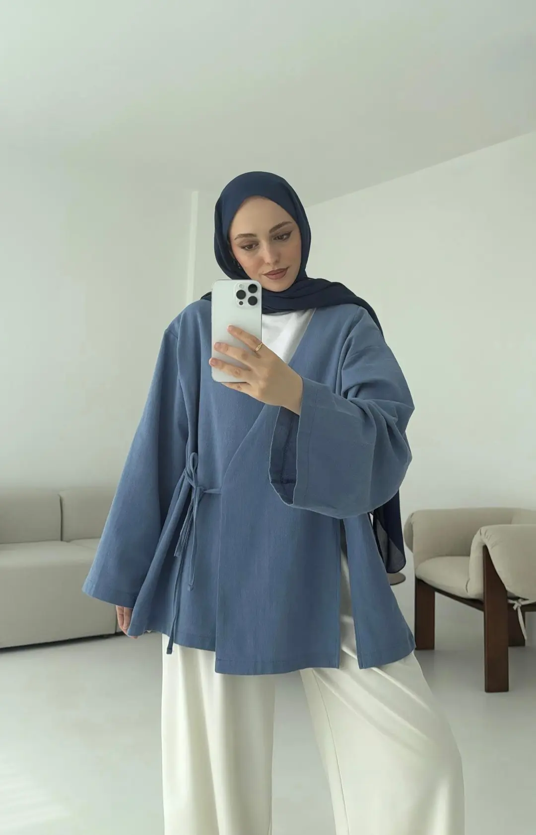 İndigo Yırtmaç Detay Keten Kimono - Görsel 2