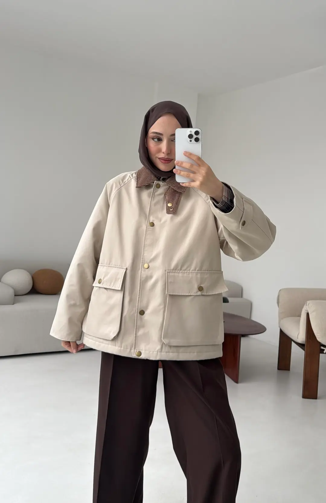 Kadife Yaka Dolgulu Ceket Bej - Görsel 7