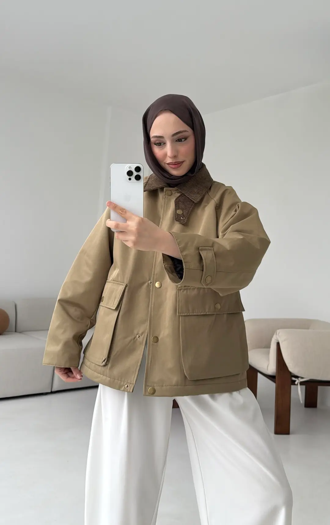 Kadife Yaka Dolgulu Ceket Deve Tügü - Görsel 3