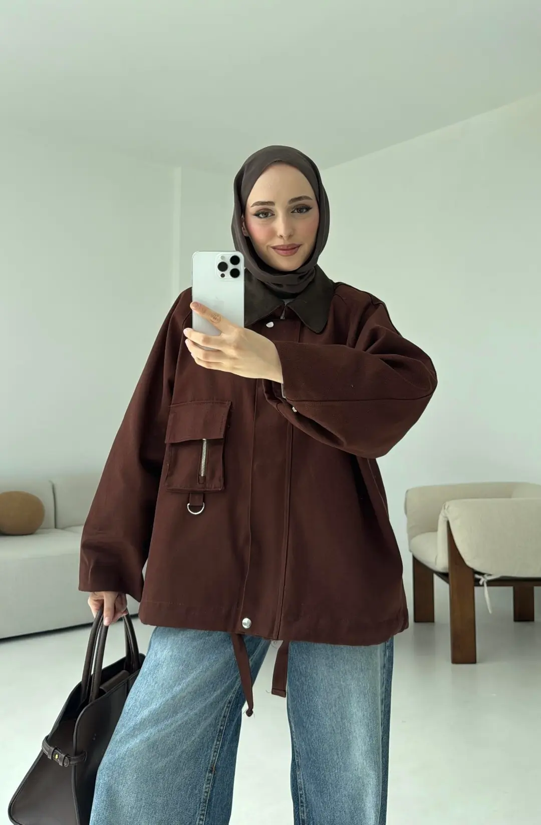 Kadife Yaka Gabardin Ceket Kahve - Görsel 2