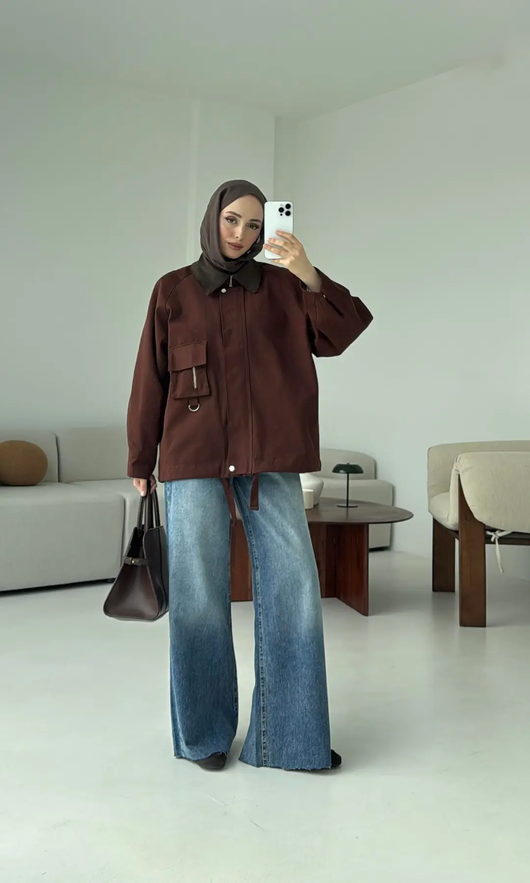 Kadife Yaka Gabardin Ceket Kahve - Görsel 5