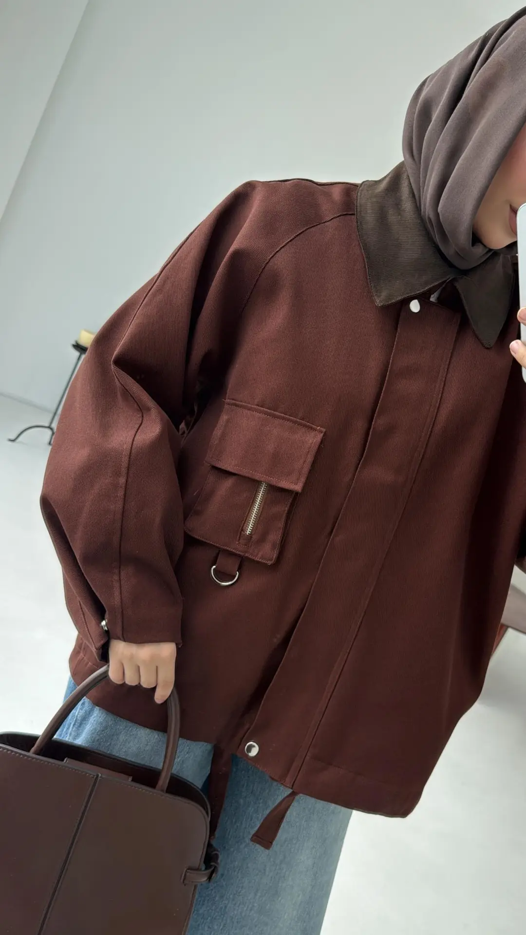 Kadife Yaka Gabardin Ceket Kahve - Görsel 7