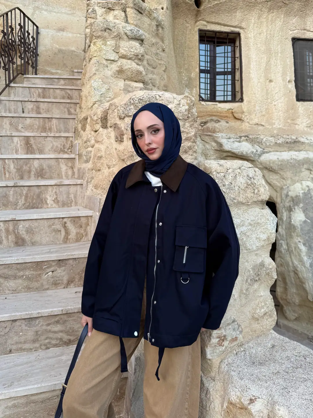 Kadife Yaka Gabardin Ceket Lacivert - Görsel 4