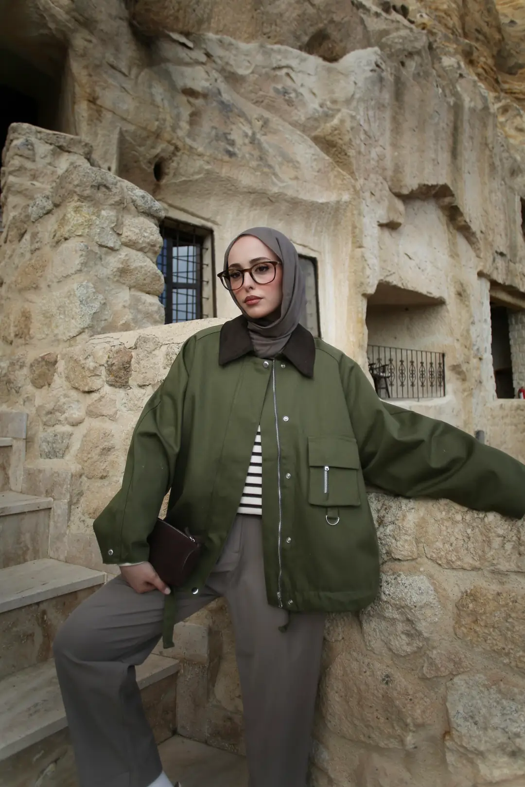 Kadife Yaka Gabardin Ceket Yeşil - Görsel 2