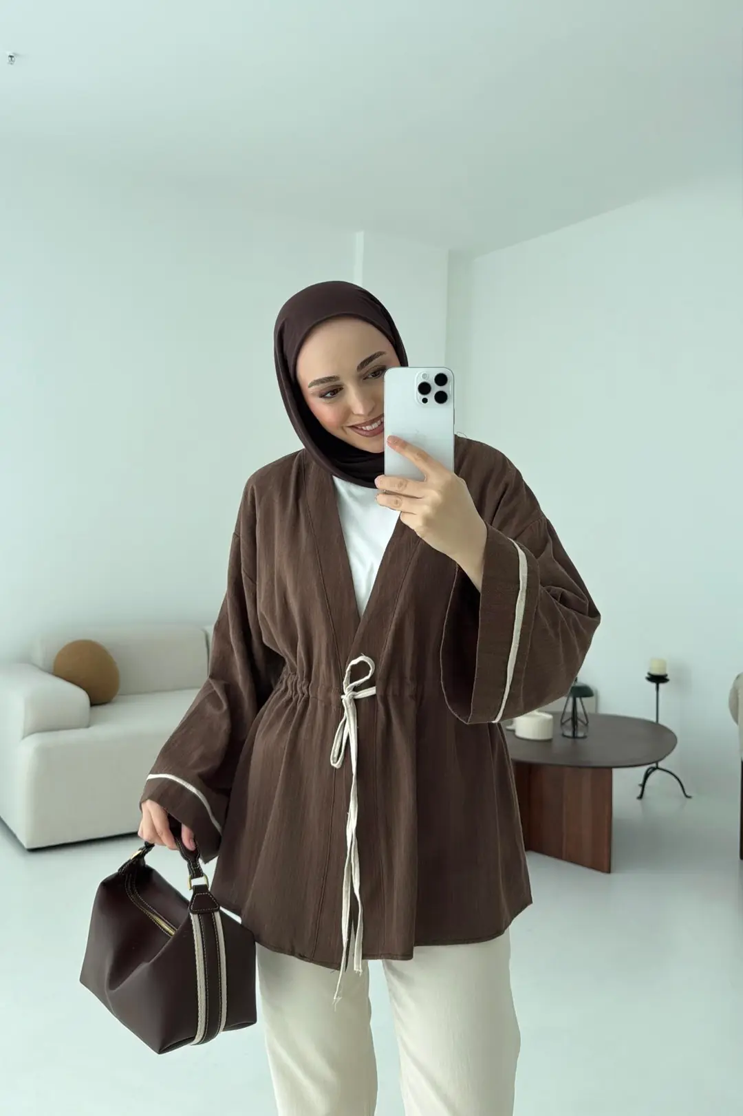 Kahve Bağlamalı Kimono - Görsel 3