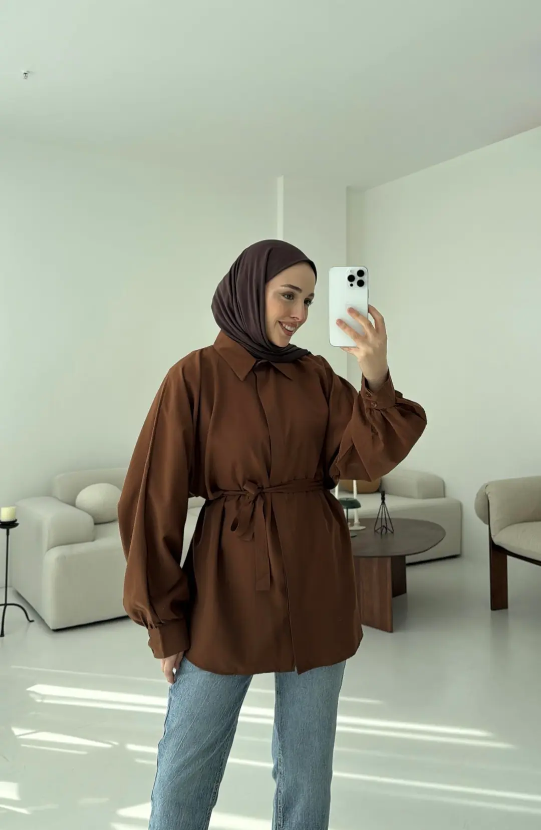 Kahve Balon Kol Bağlamalı Gömlek - Görsel 3