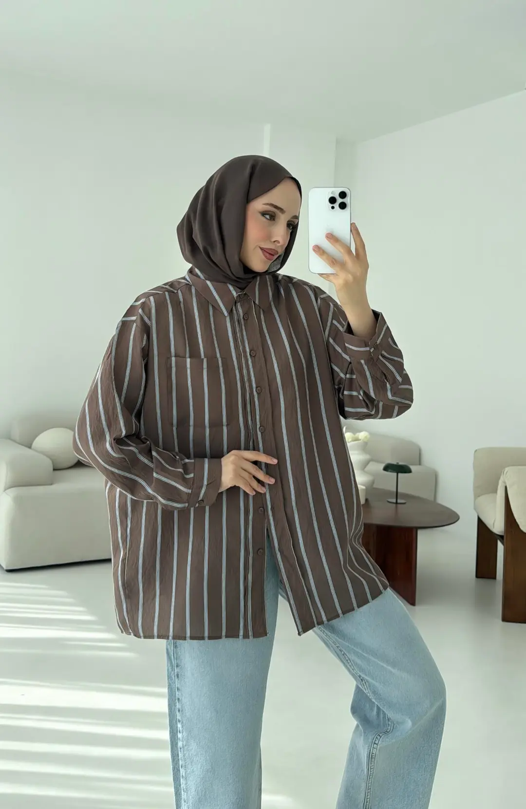 Kahve Çizgili Arkası Pile Detay Gömlek - Görsel 8