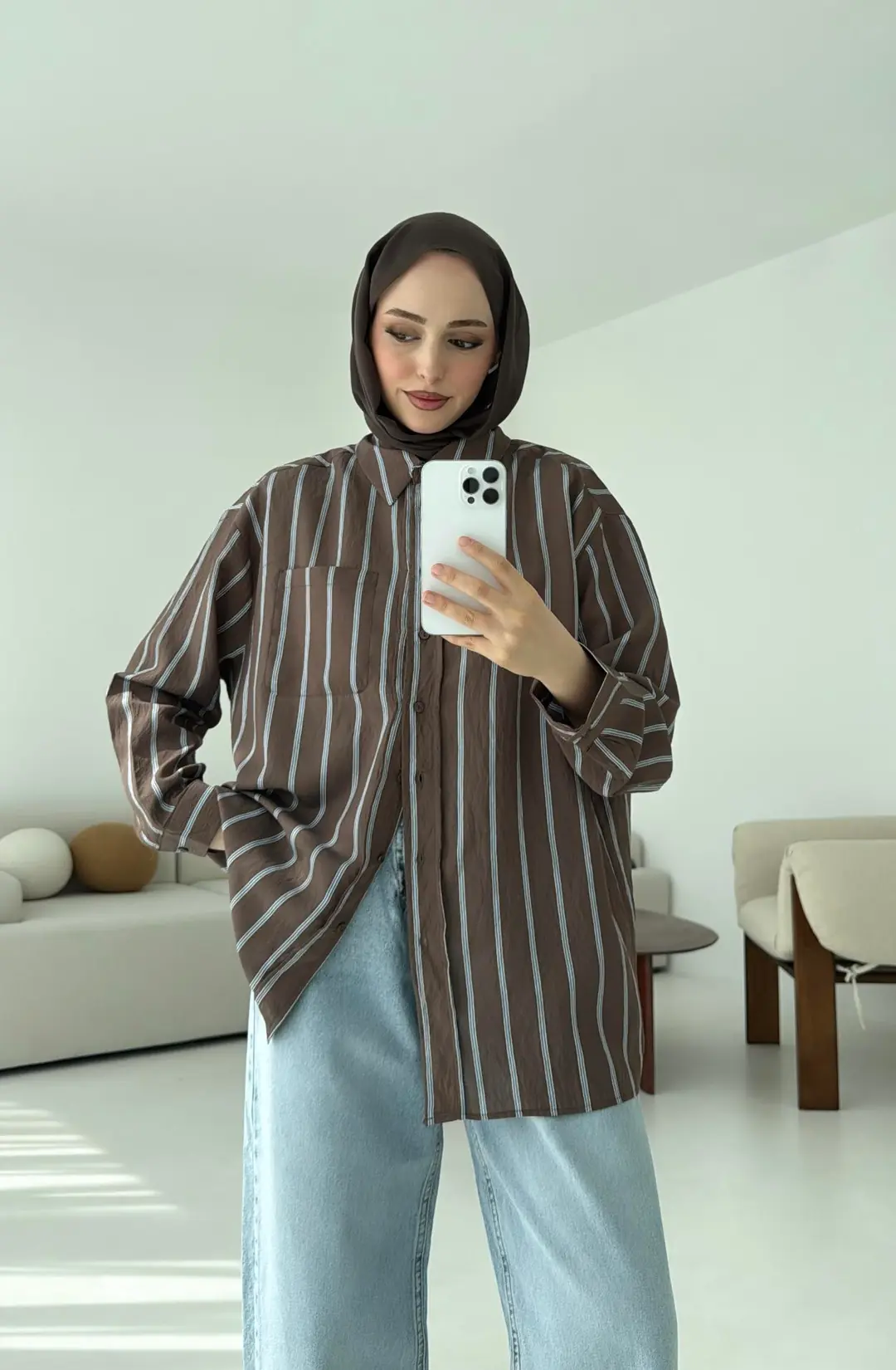 Kahve Çizgili Arkası Pile Detay Gömlek - Görsel 9