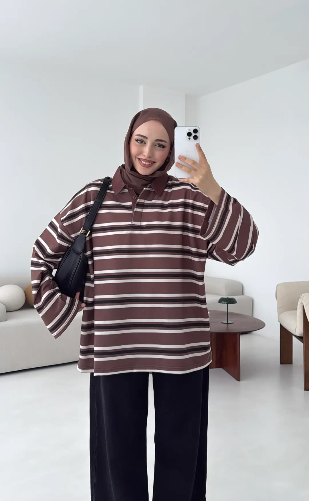 Kahve Çizgili Polo Yaka Sweatshrt - Görsel 2