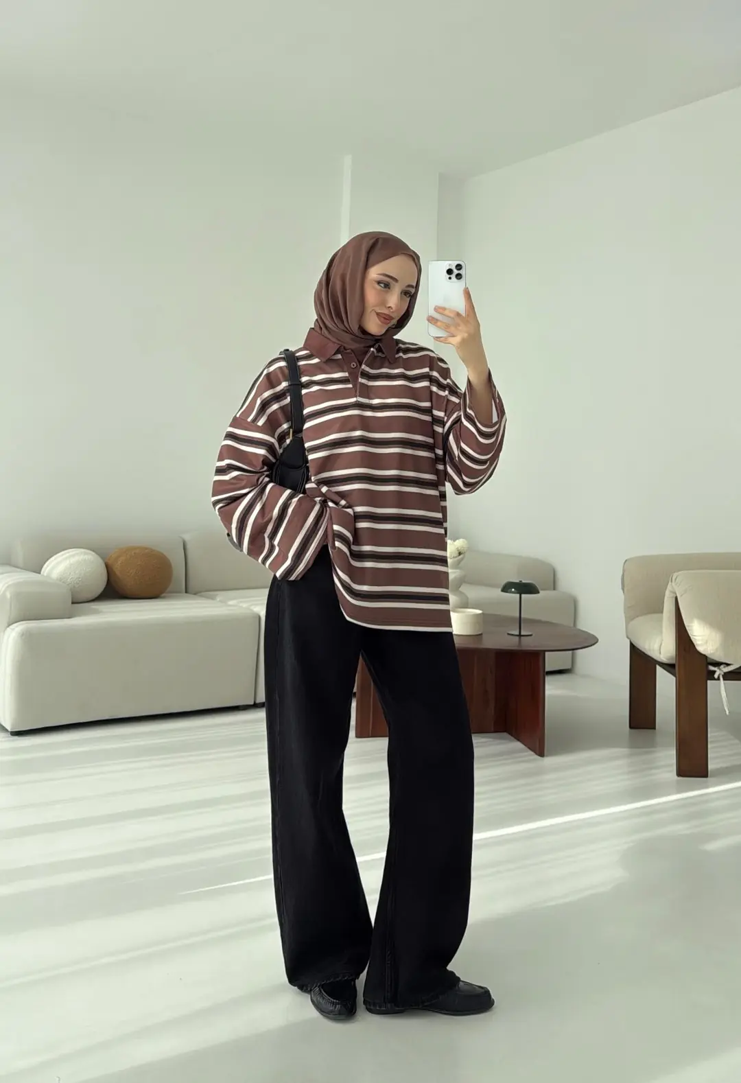 Kahve Çizgili Polo Yaka Sweatshrt - Görsel 3