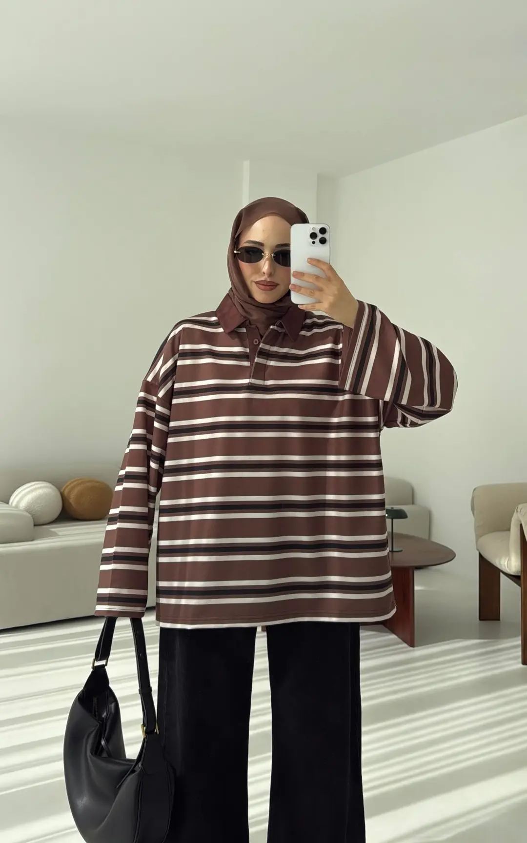 Kahve Çizgili Polo Yaka Sweatshrt - Görsel 4