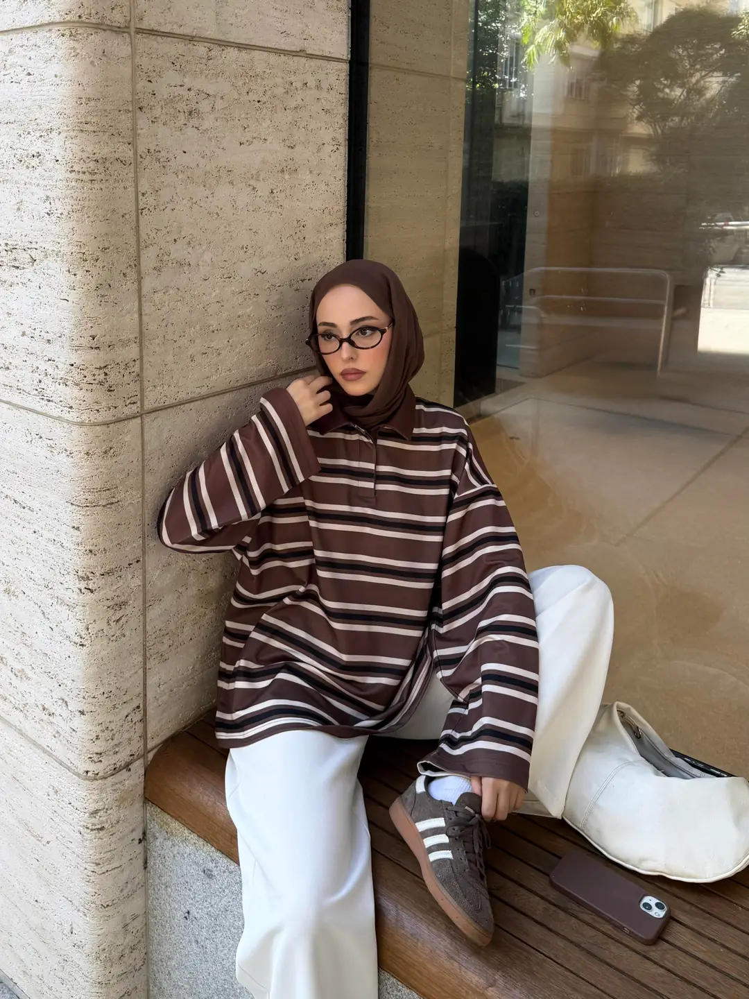 Kahve Çizgili Polo Yaka Sweatshrt