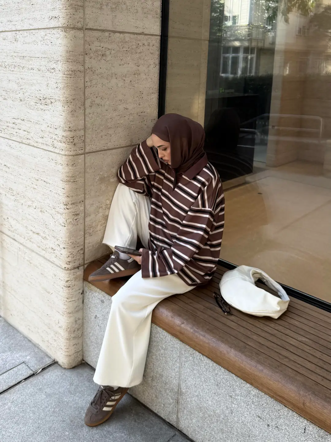 Kahve Çizgili Polo Yaka Sweatshrt - Görsel 2