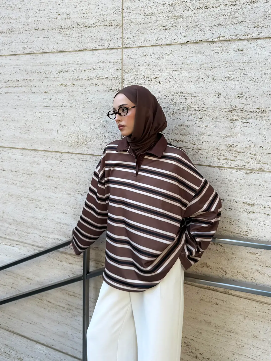 Kahve Çizgili Polo Yaka Sweatshrt - Görsel 6