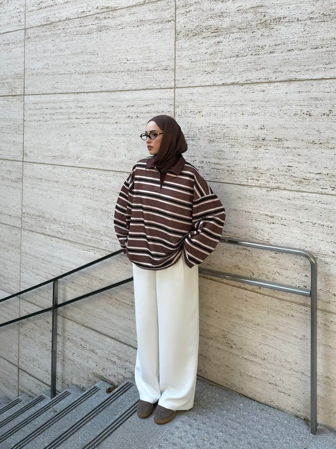 Kahve Çizgili Polo Yaka Sweatshrt - Görsel 9