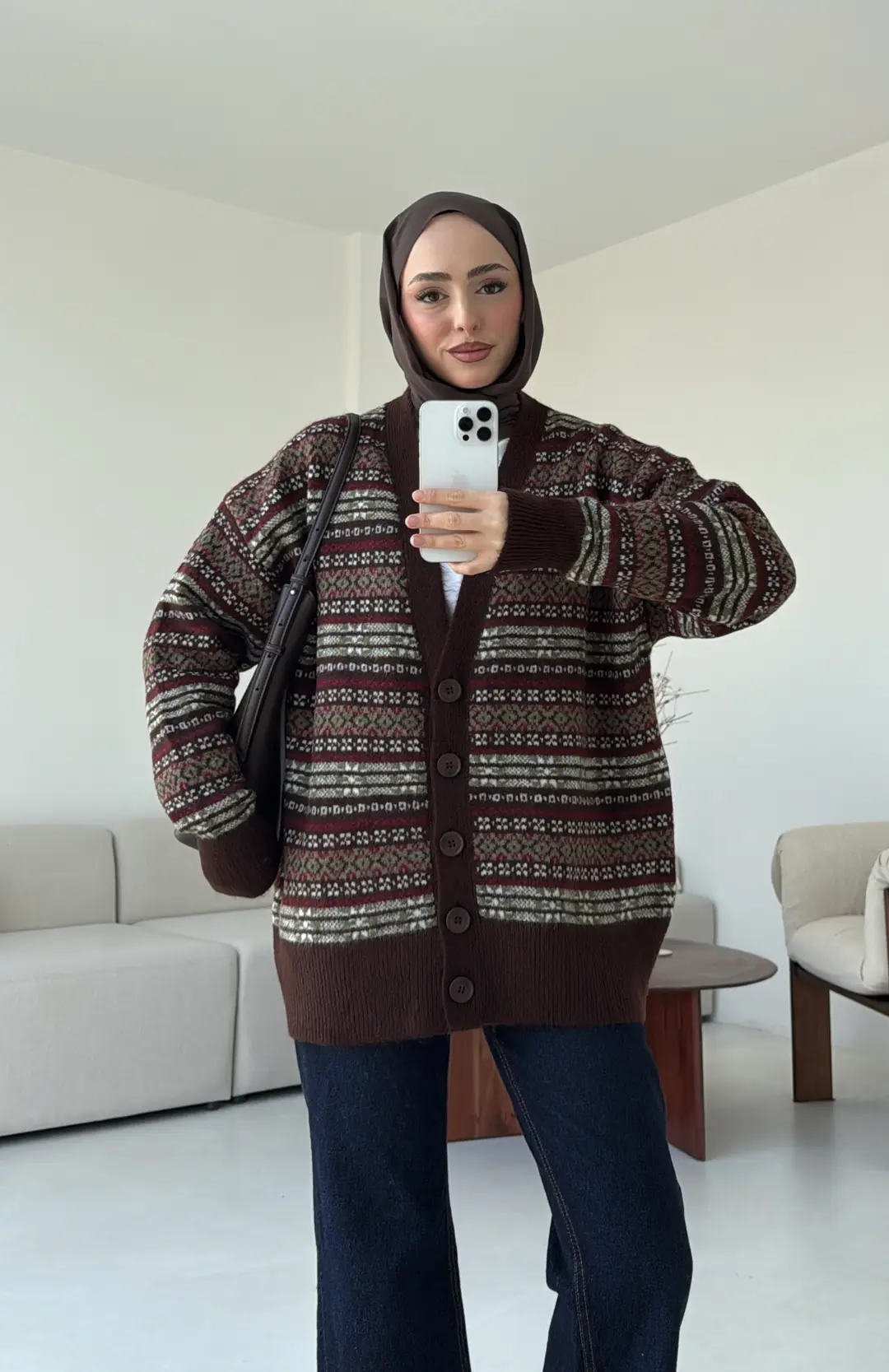 Kahve Desenli Örgü Hırka - Görsel 5