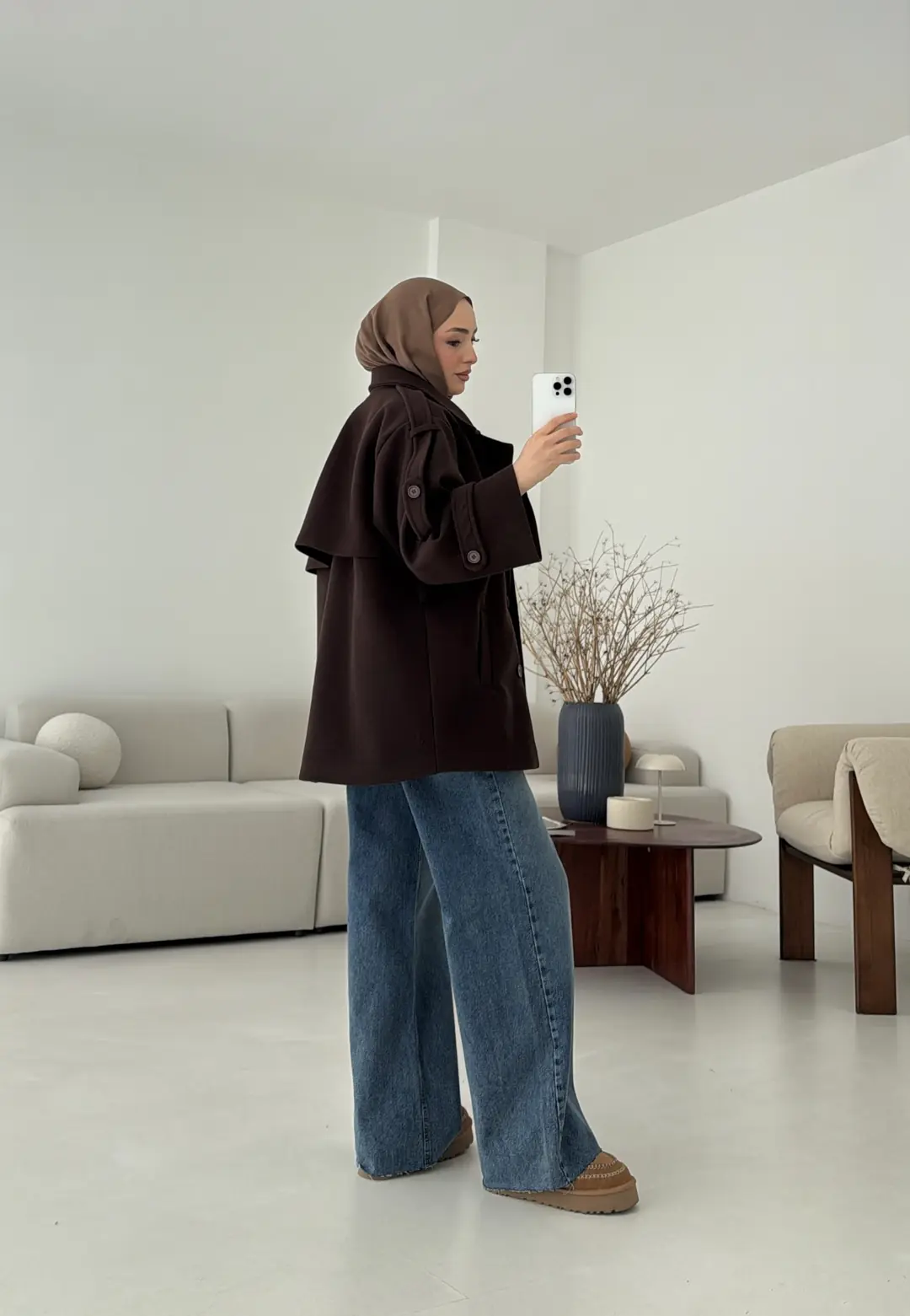 Kahve Düğmeli Kol Manşetli Kaşe Kaban - Görsel 2