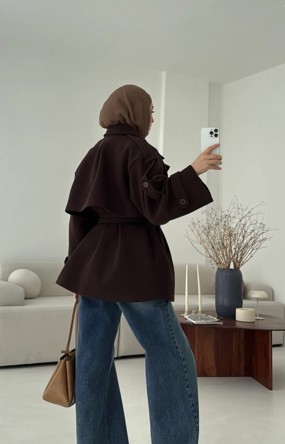 Kahve Düğmeli Kol Manşetli Kaşe Kaban - Görsel 4