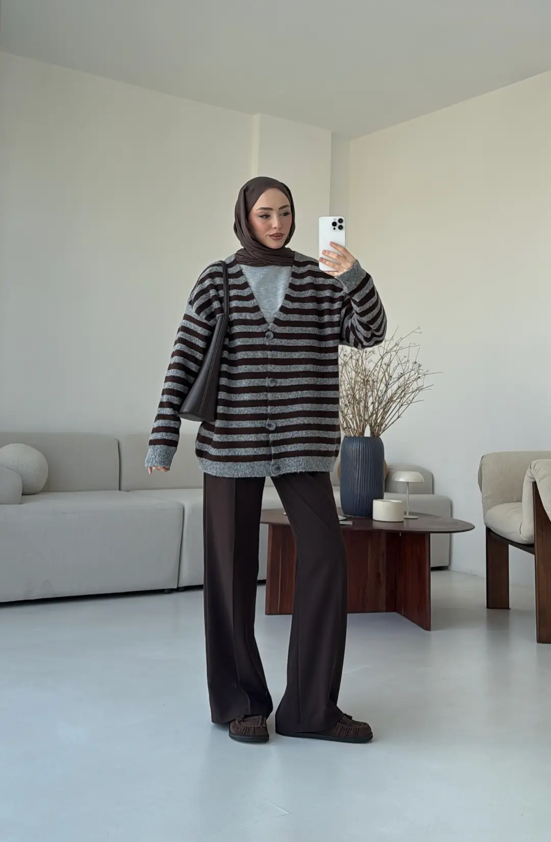 Kahve/Gri Çizgili Triko Hırka