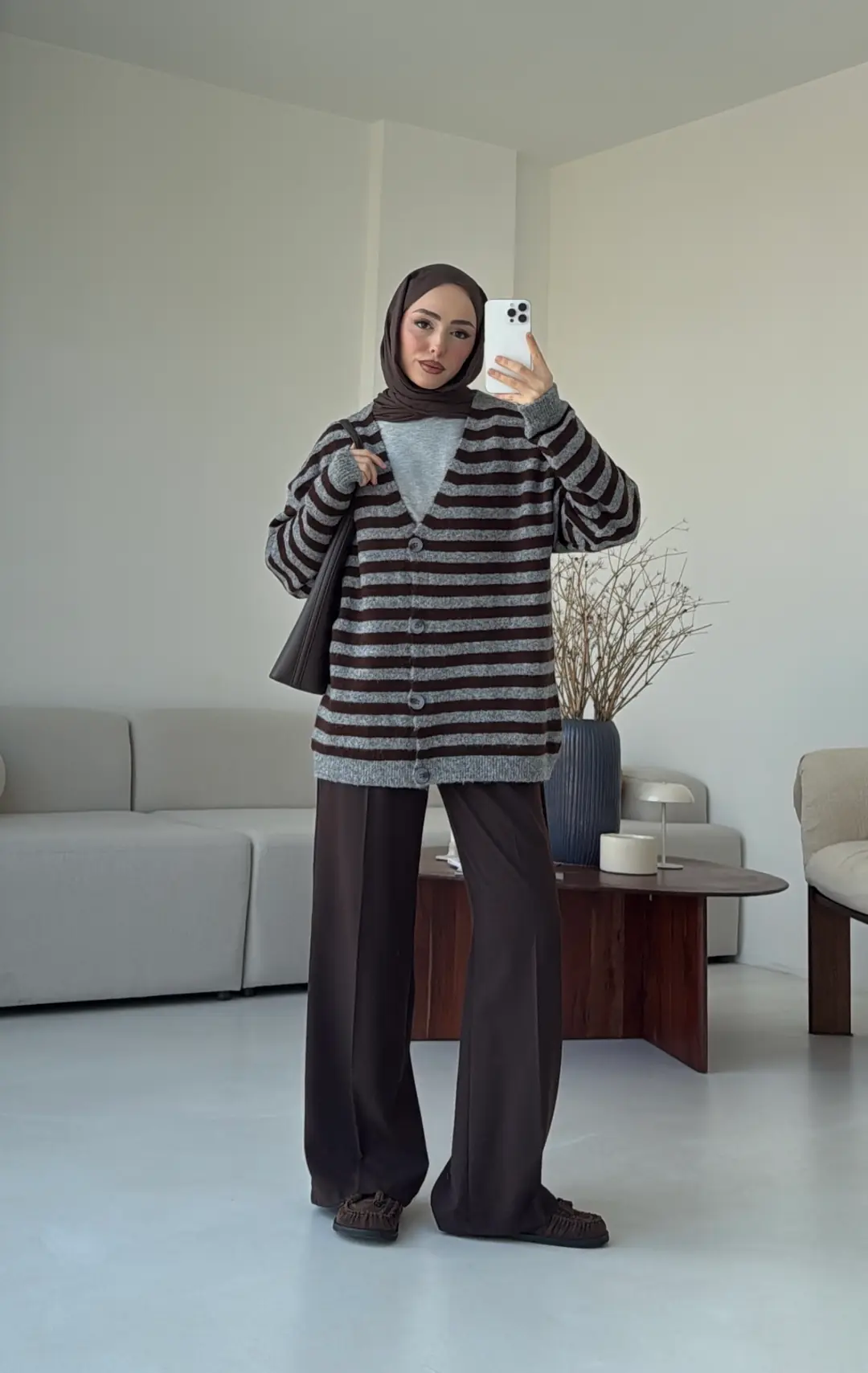 Kahve/Gri Çizgili Triko Hırka - Görsel 4