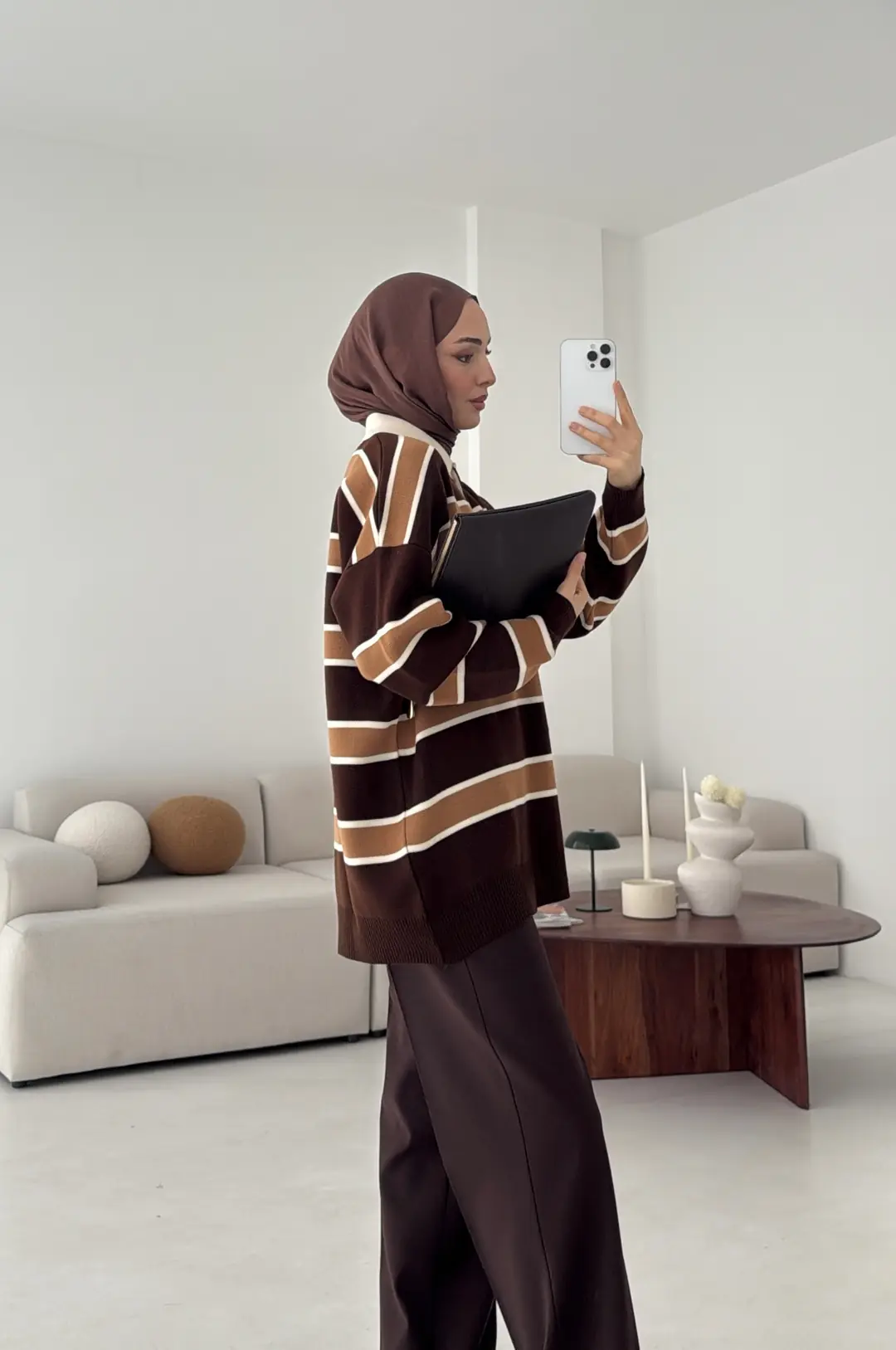 Kahve Hardal Çizgili Triko Kazak - Görsel 2