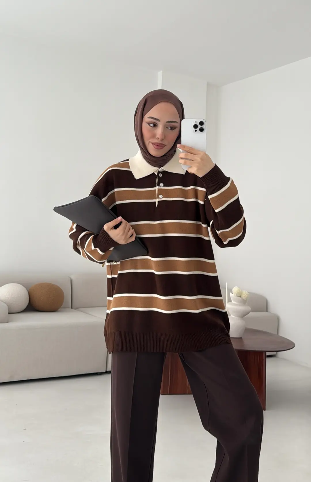 Kahve Hardal Çizgili Triko Kazak - Görsel 3