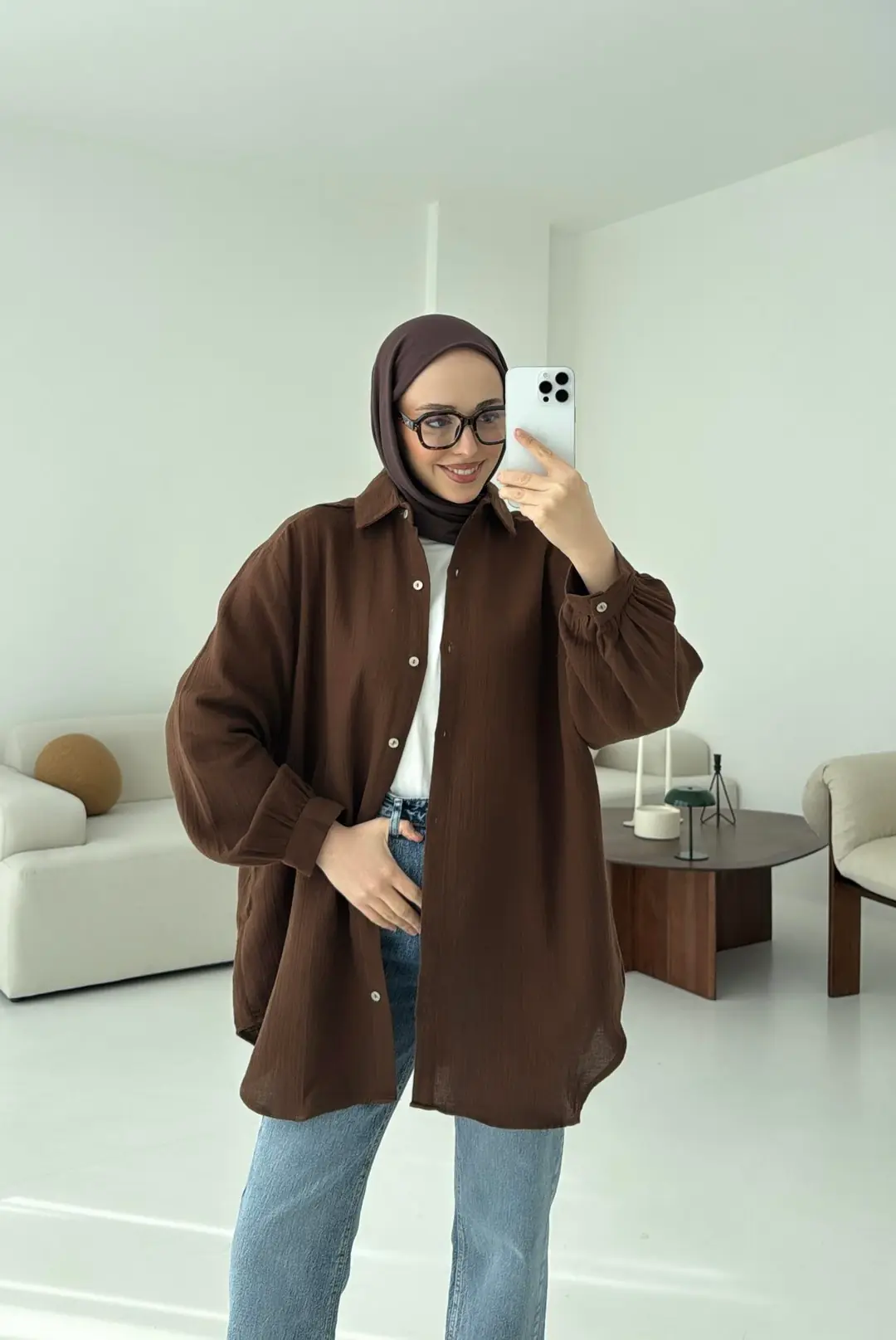 Kahve Müslin Gömlek - Görsel 3