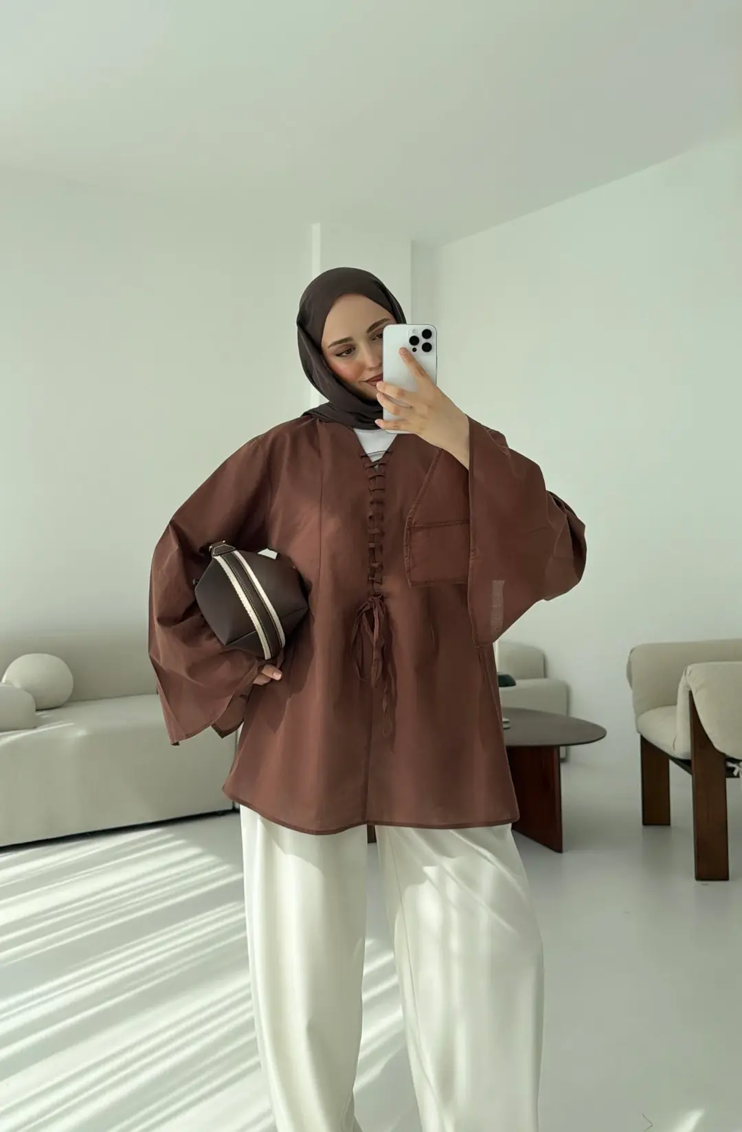 Kahve Vual Kumaş Tasarım Gömlek - Görsel 3