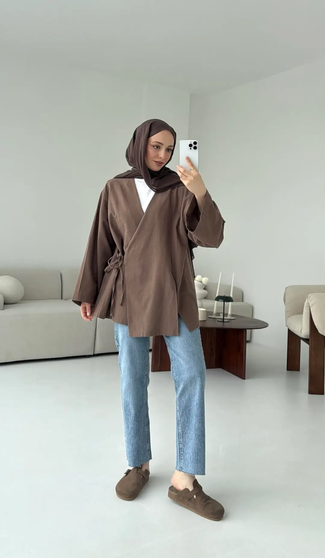 Kahve Yırtmaç Detay Keten Kimono