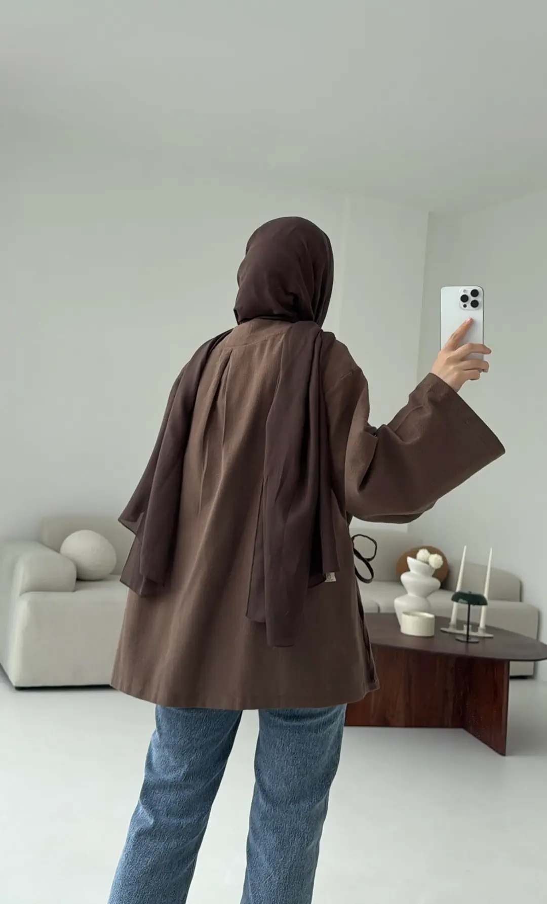 Kahve Yırtmaç Detay Keten Kimono - Görsel 2