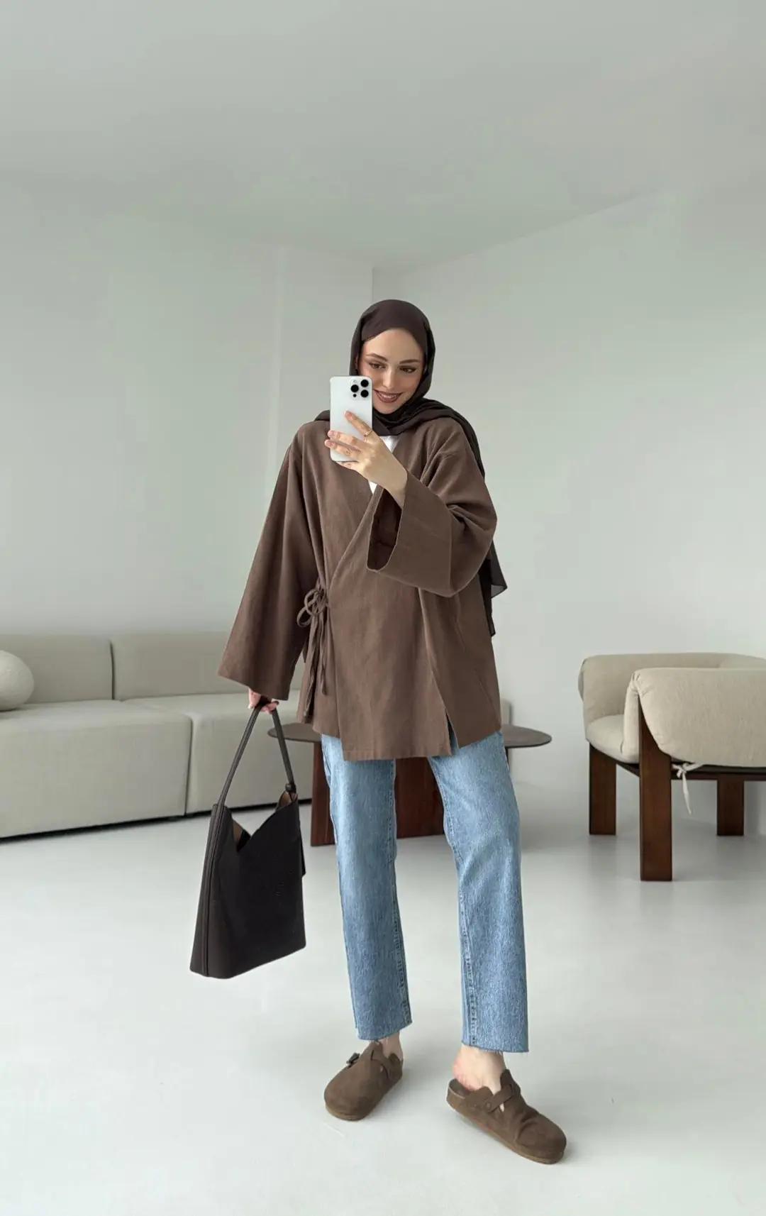 Kahve Yırtmaç Detay Keten Kimono - Görsel 4