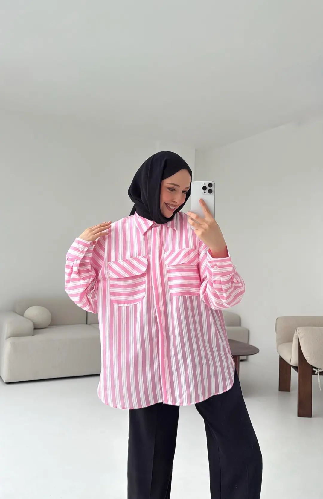 Kalın Çizgili Pembe Gömlek - Görsel 2