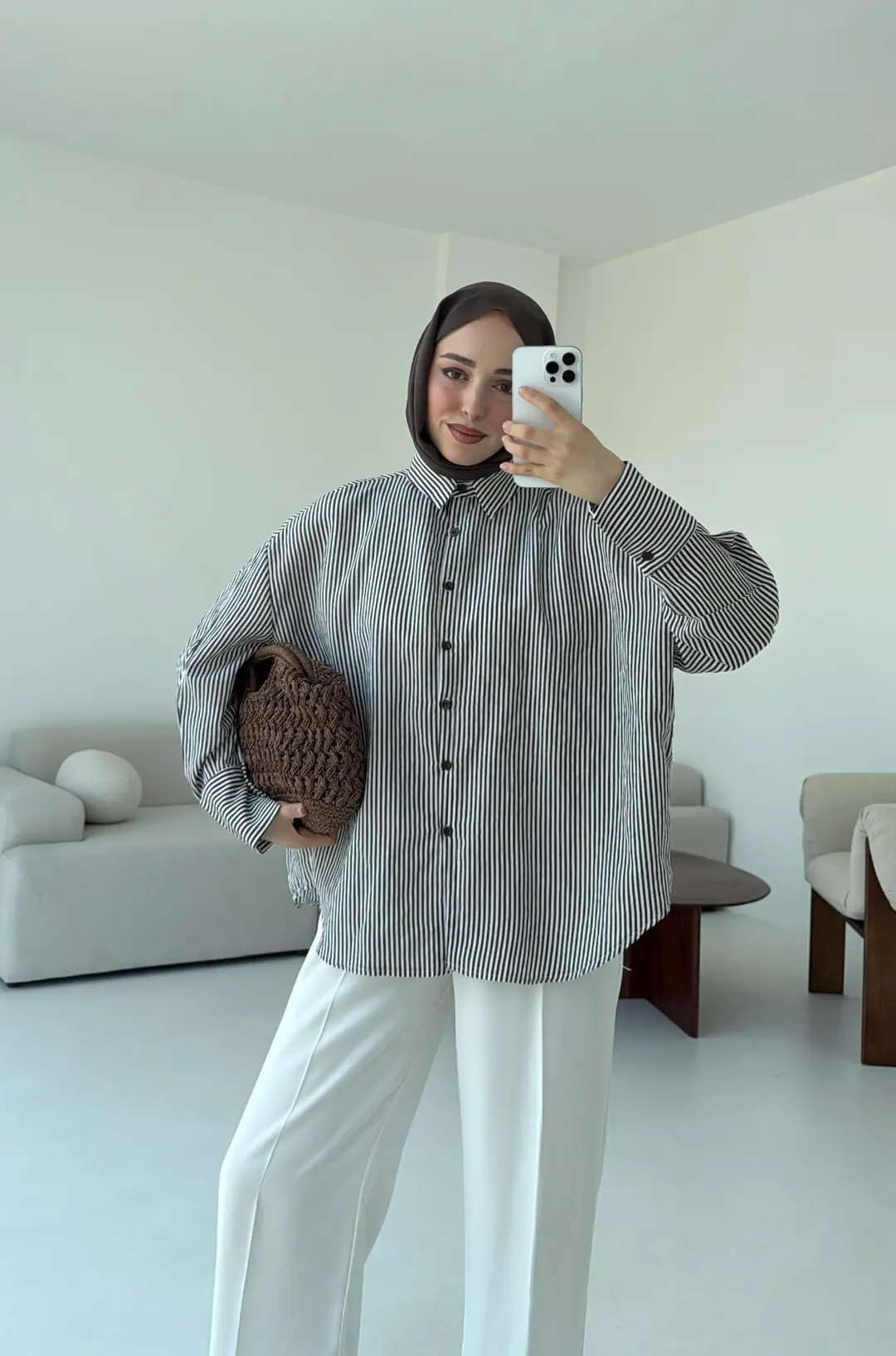 Kalın Manşet Çizgili Gömlek Kahverengi - Görsel 10