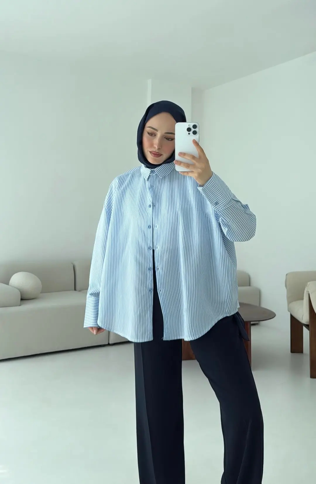 Kalın Manşet Çizgili Gömlek Mavi - Görsel 2