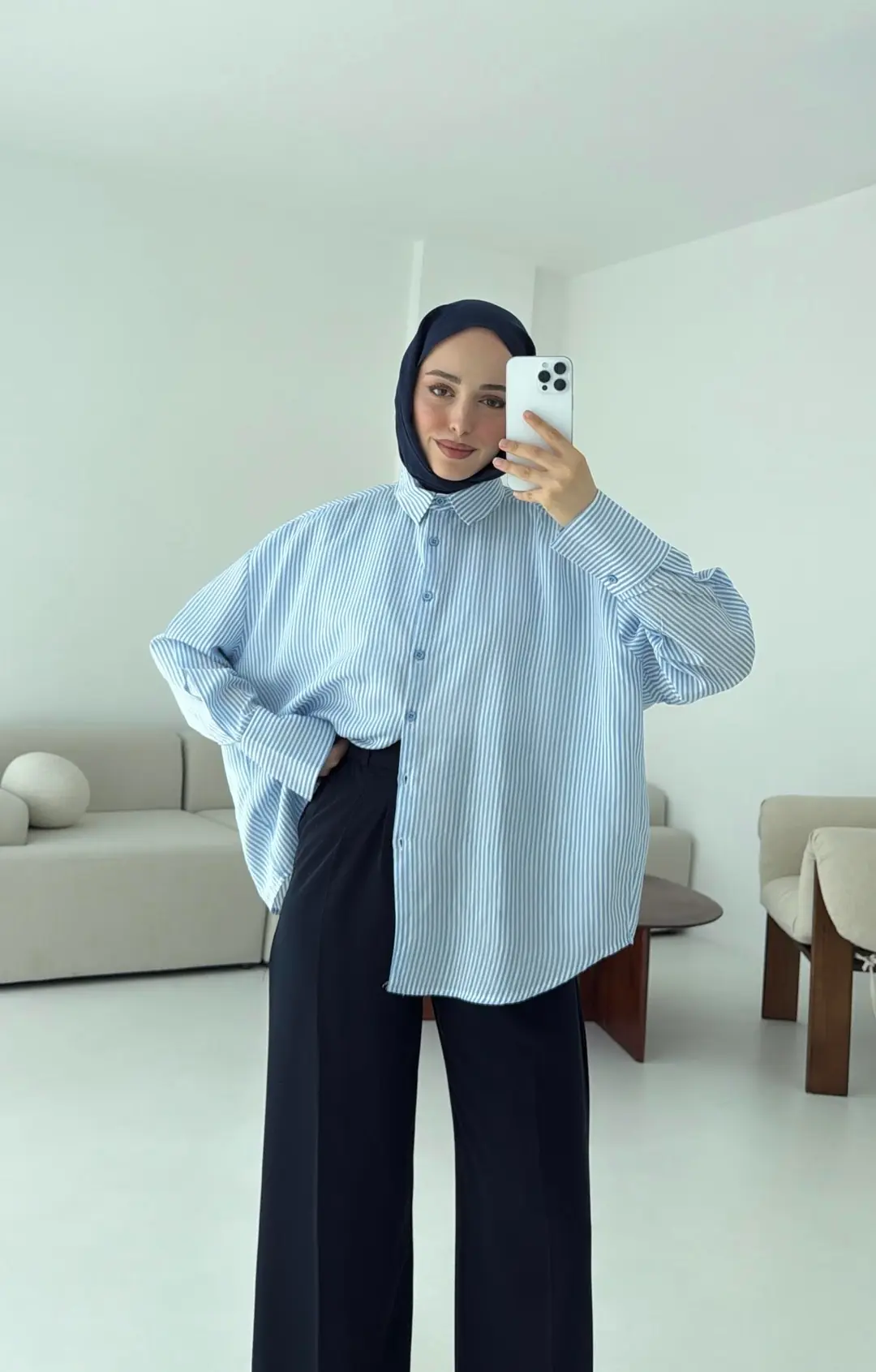 Kalın Manşet Çizgili Gömlek Mavi - Görsel 6