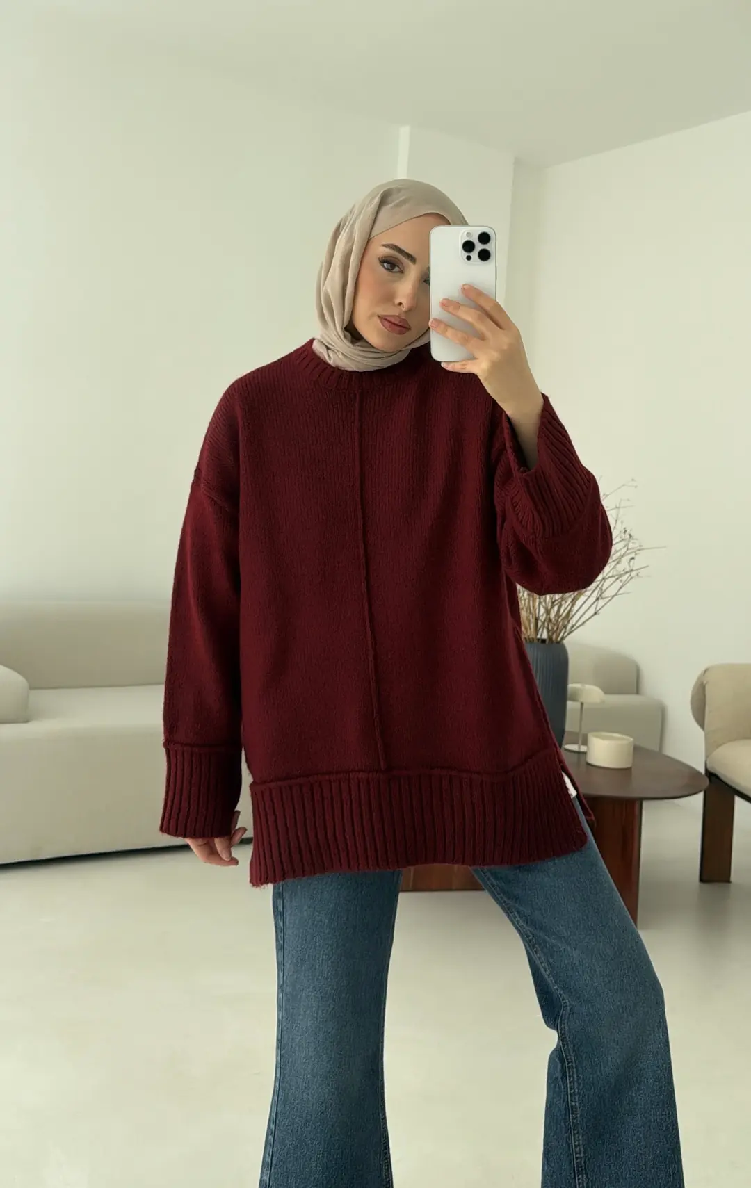 Kalın Manşet Kazak Bordo - Görsel 3