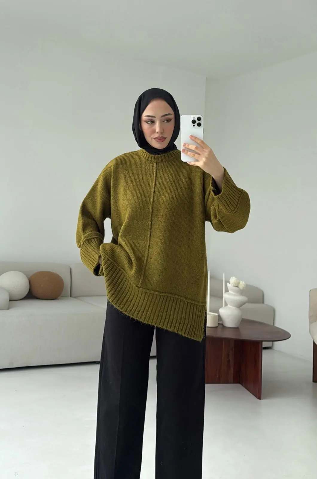 Kalın Manşet Kazak Zeytin Yeşili - Görsel 2