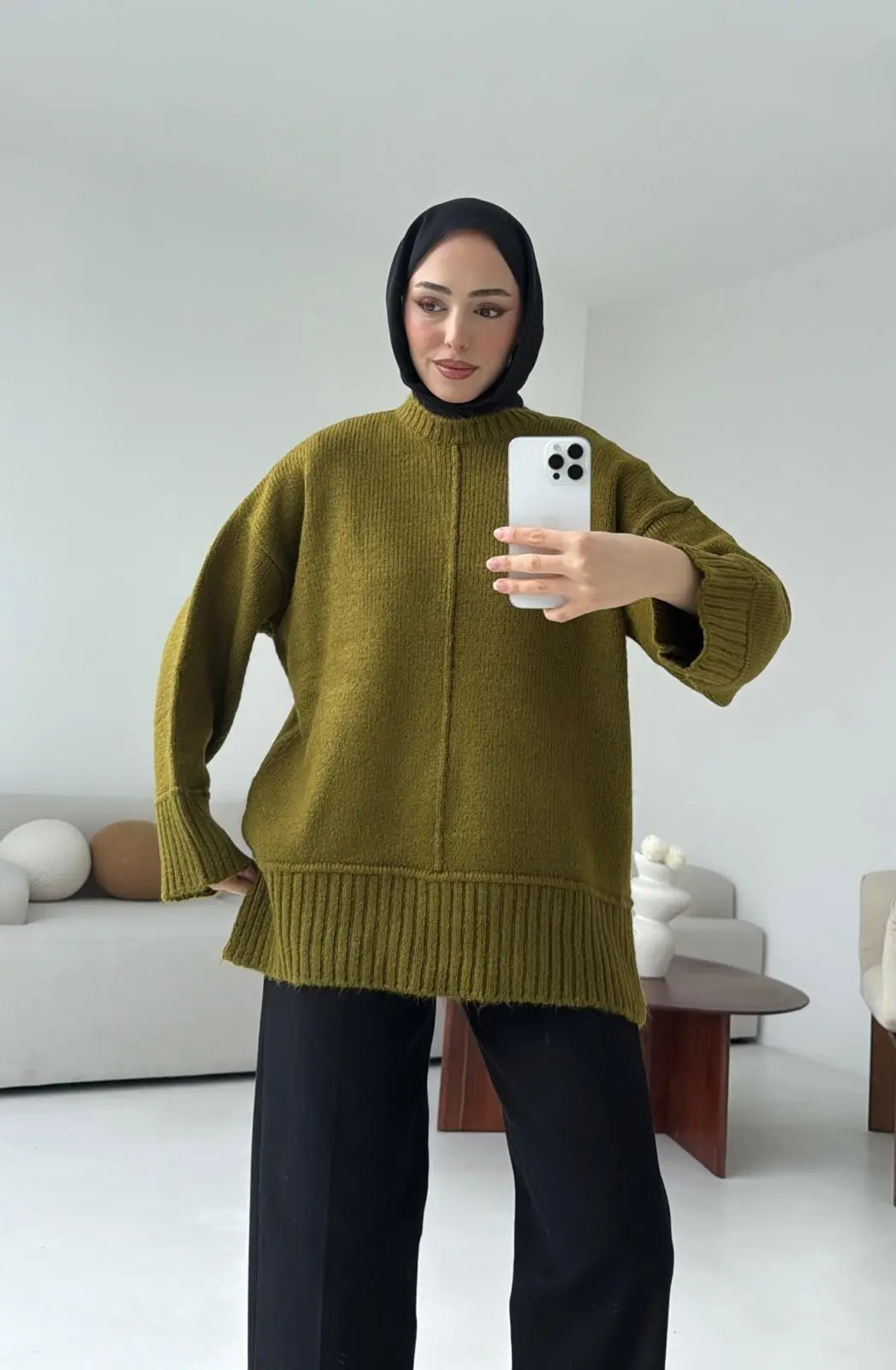 Kalın Manşet Kazak Zeytin Yeşili - Görsel 4