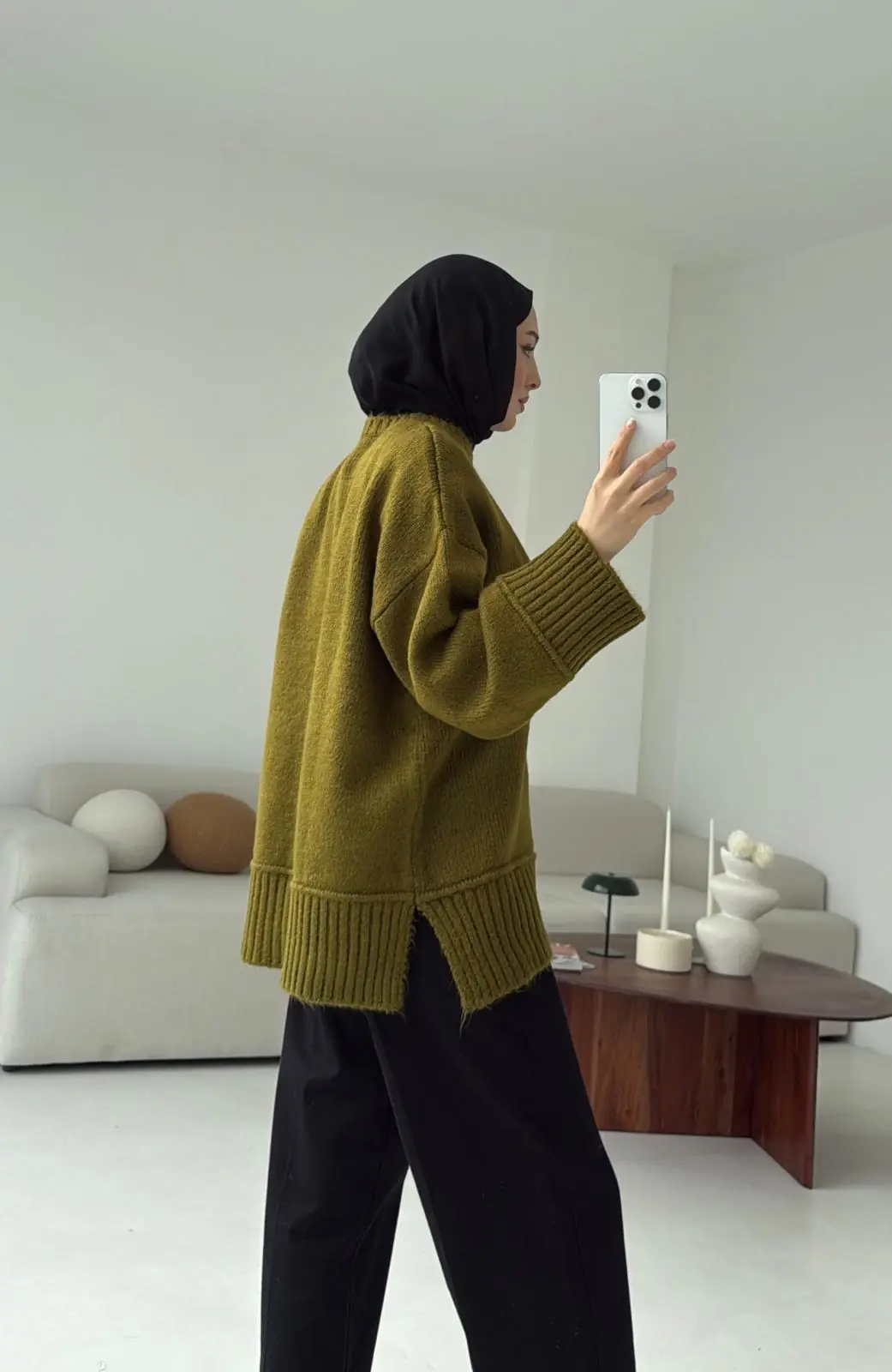 Kalın Manşet Kazak Zeytin Yeşili - Görsel 5