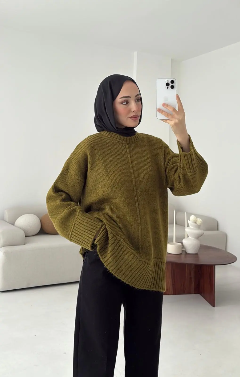 Kalın Manşet Kazak Zeytin Yeşili - Görsel 8