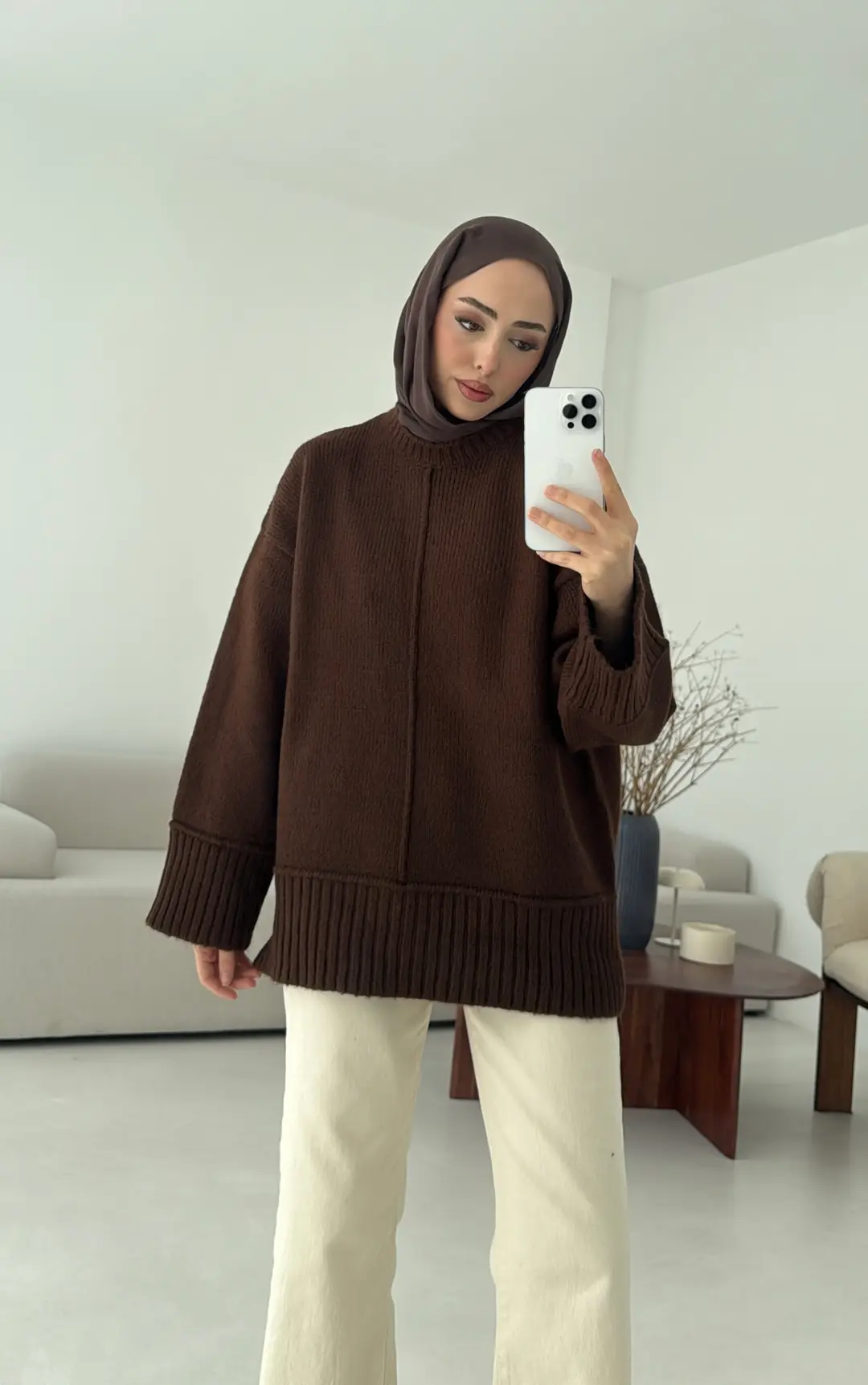 Kalın Manşet Triko Kazak Kahve - Görsel 2