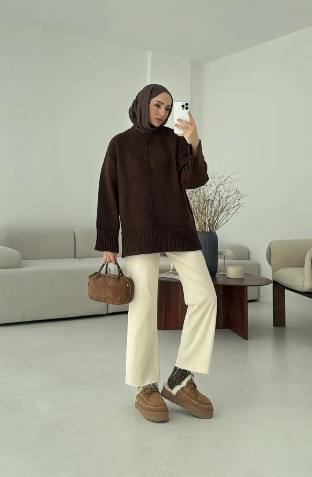 Kalın Manşet Triko Kazak Kahve - Görsel 3