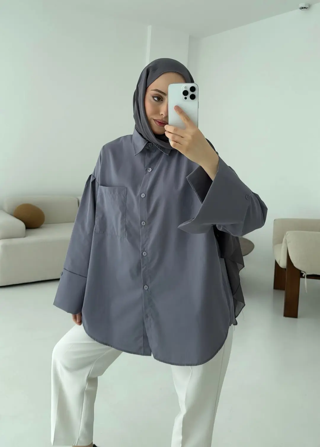 Kalın Manşetli Oversize Antrasit Gömlek