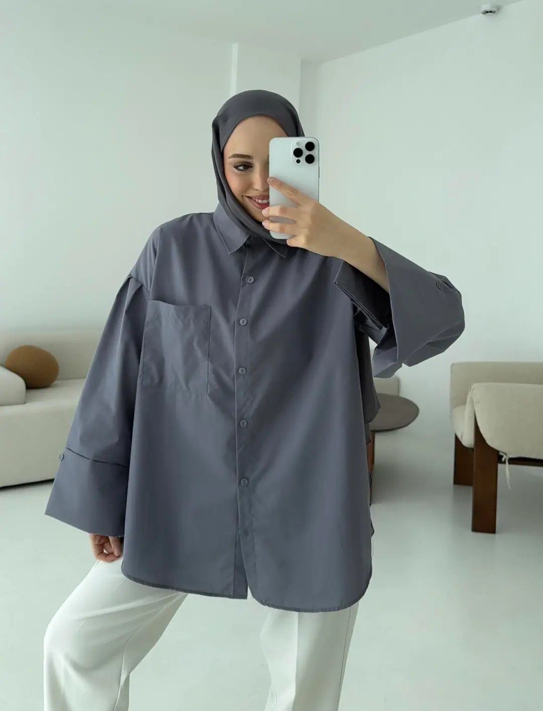 Kalın Manşetli Oversize Antrasit Gömlek - Görsel 3