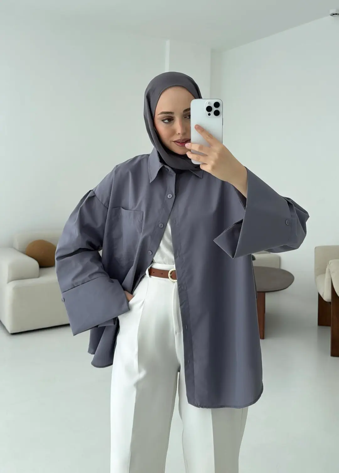 Kalın Manşetli Oversize Antrasit Gömlek - Görsel 4