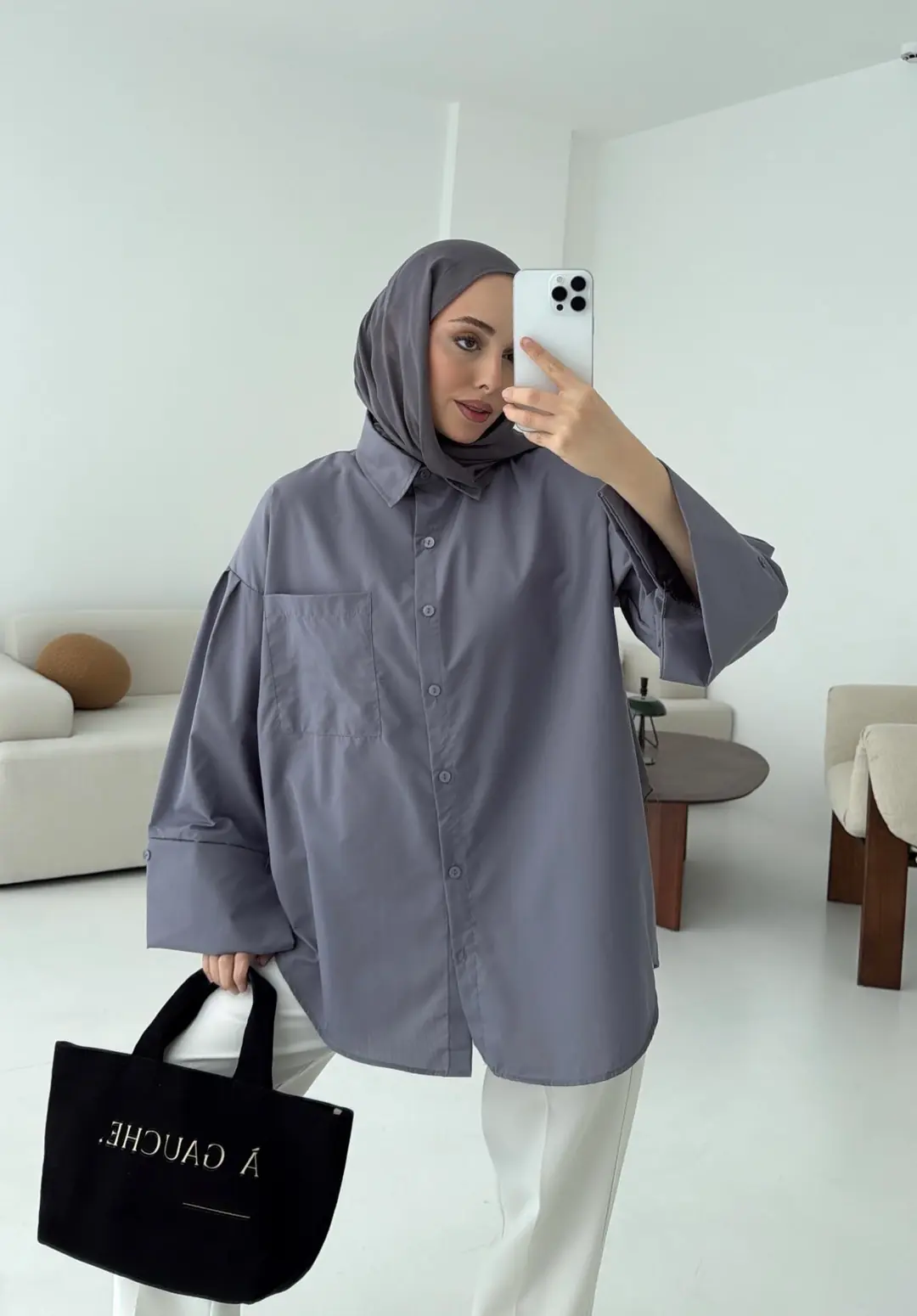 Kalın Manşetli Oversize Antrasit Gömlek - Görsel 6