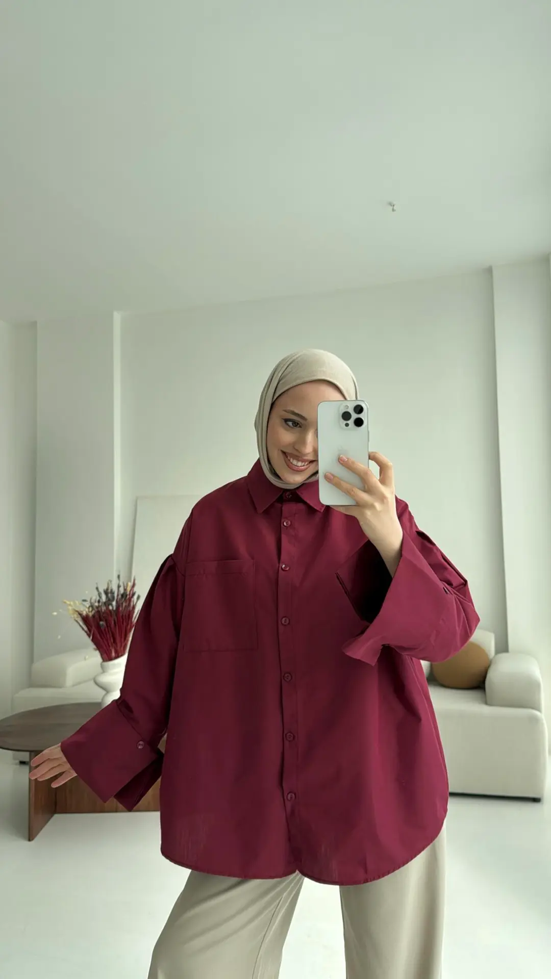 Kalın Manşetli Oversize Bordo Gömlek