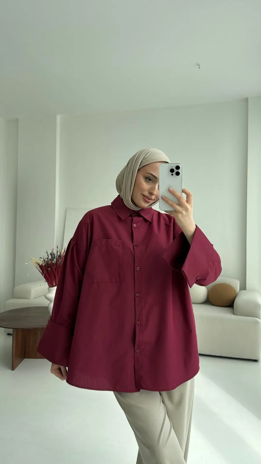 Kalın Manşetli Oversize Bordo Gömlek - Görsel 2